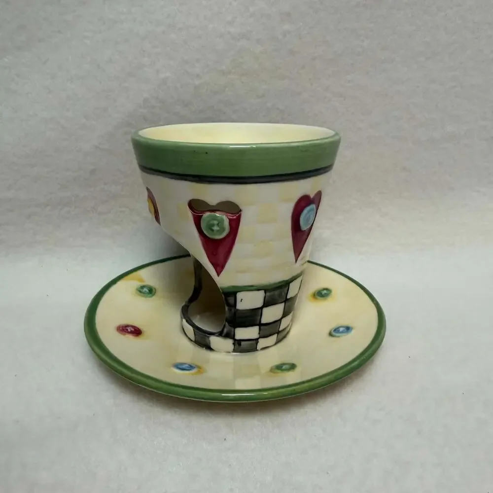 Vintage Teacup Wax Tart Warmer Hearts Buttons Checkerboard Whimsical Country